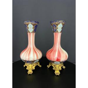 Pair Of Opaline And Gilt Bronze Vases - 19th Century