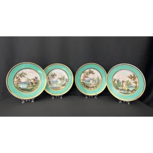 Suite Of Four Porcelain Of Paris Plates Decorated With Landscapes - 19th Century