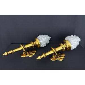 Large Pair Of Gilded Brass Torch Sconces