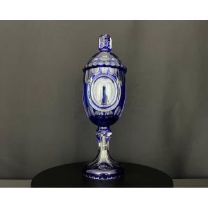 Large Covered Bowl On Foot In Cobalt Blue Lined Overlay Crystal
