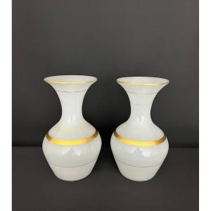 Pair Of White Opaline Glass Vases With Gilded Decoration, Napoleon III Period