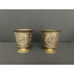 Pair Of Bronze And Copper Planters With Rich Floral Relief Decoration