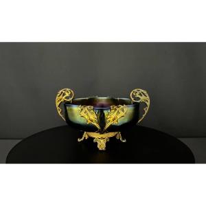 Coupe Art Nouveau en verre irisé Loetz / Kralik, monture attribuée à Lucien Marcel Bing