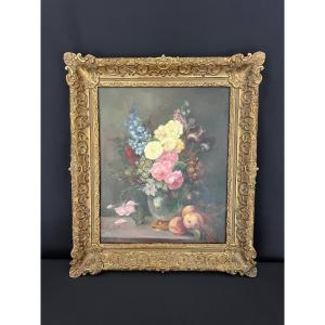 Still Life With Flowers And Peaches, Oil On Canvas, Signed 