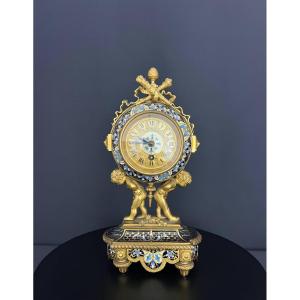 Gilded Bronze Mantel Clock With Polychrome Enamel And Putti