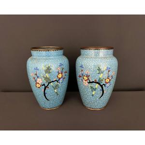 Pair Of Asian Cloisonné Enamel Vases With Floral Designs