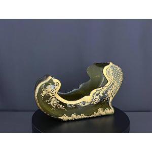 Frosted Green Glass Planter With Gold Relief Decoration, Shaped Like A Gondola, Circa 1900