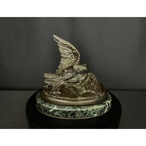 Paul Comoléra (1818–1897) – « Perdrix blessée » – bronze patiné sur socle en marbre vert