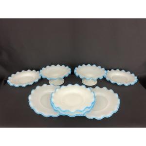 White Opaline Glass Dessert Set With Blue Rims – 6 Plates And 2 Bowls