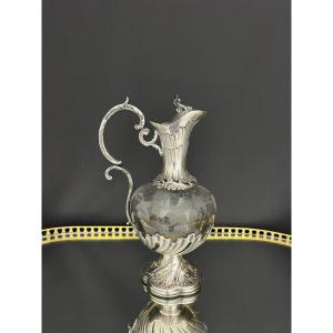 Aiguière couverte en cristal gravé et métal argenté, style Louis XV