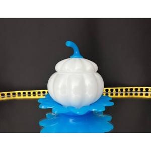 White And Blue Opaline Candy Jar Shaped Like A Pumpkin