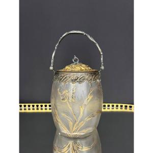 Victor Saglier – Pot à biscuits Art Nouveau en verre givré doré