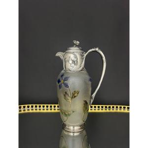 Art Nouveau Water Jug In Frosted, Enameled Glass - Christofle Gallia