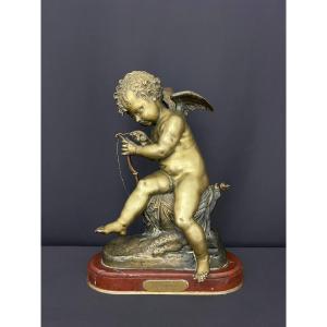 Cupidon à l’arc d’après Lemire – Ravissante sculpture à patine dorée et marbre rouge