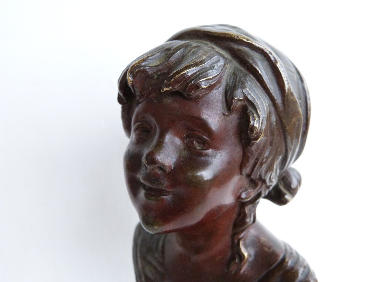 Sculpture En Bronze d'Après A Moreau Buste De Jeune Fille " Fadette " Personnage Georges Sand -photo-2