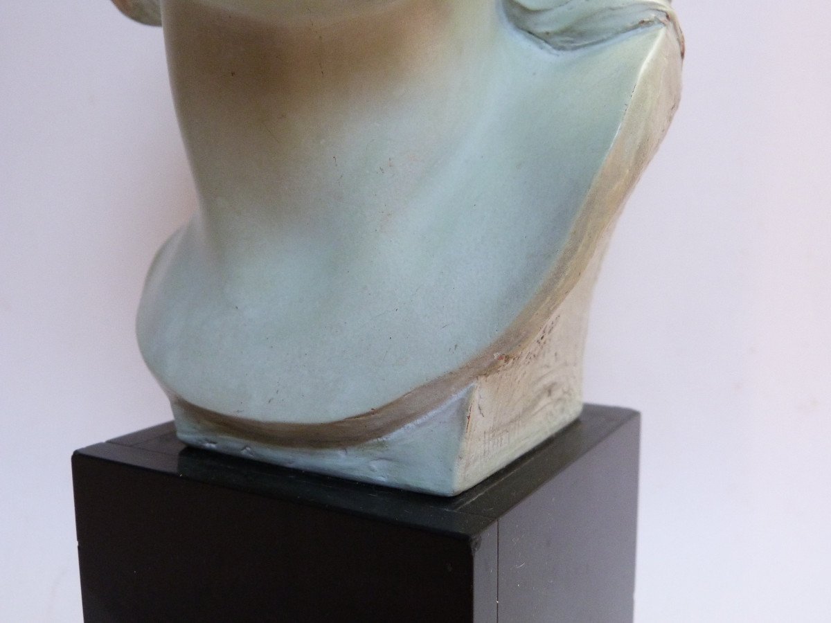 Art Deco Terracotta Bust With Green Patina After François Rude Smiling Child-photo-7
