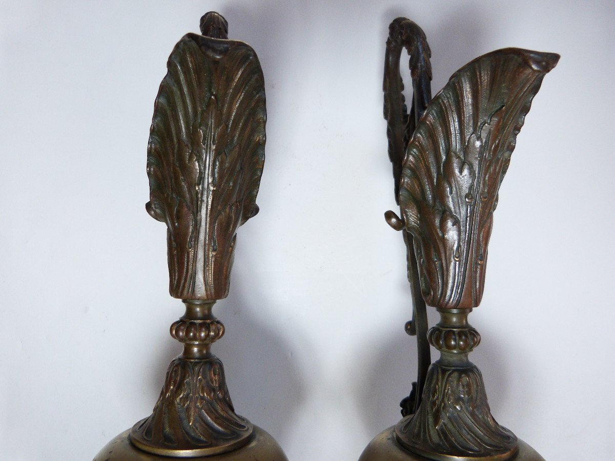Pair Of Bronze Ewers Decorated With Rams' Heads, Marble Base-photo-3
