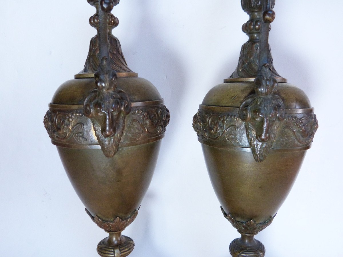 Pair Of Bronze Ewers Decorated With Rams' Heads, Marble Base-photo-5