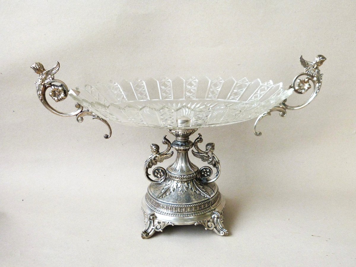 Grande Jardinière Centre De Table Argent Massif Et Cristal Décor d'Angelots 