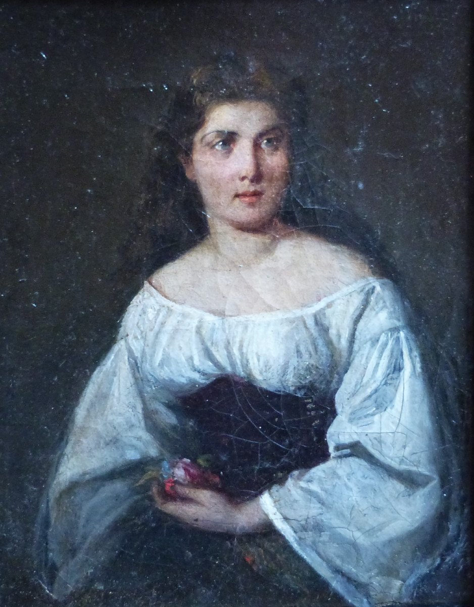 Oil On Canvas Portrait Of Woman With Bouquet Italian School 19th Century -photo-2