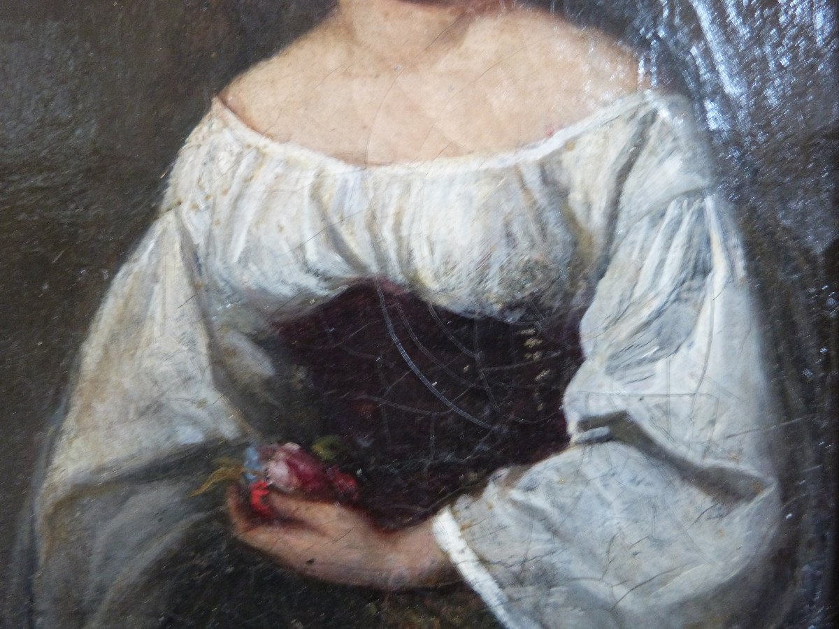Oil On Canvas Portrait Of Woman With Bouquet Italian School 19th Century -photo-4