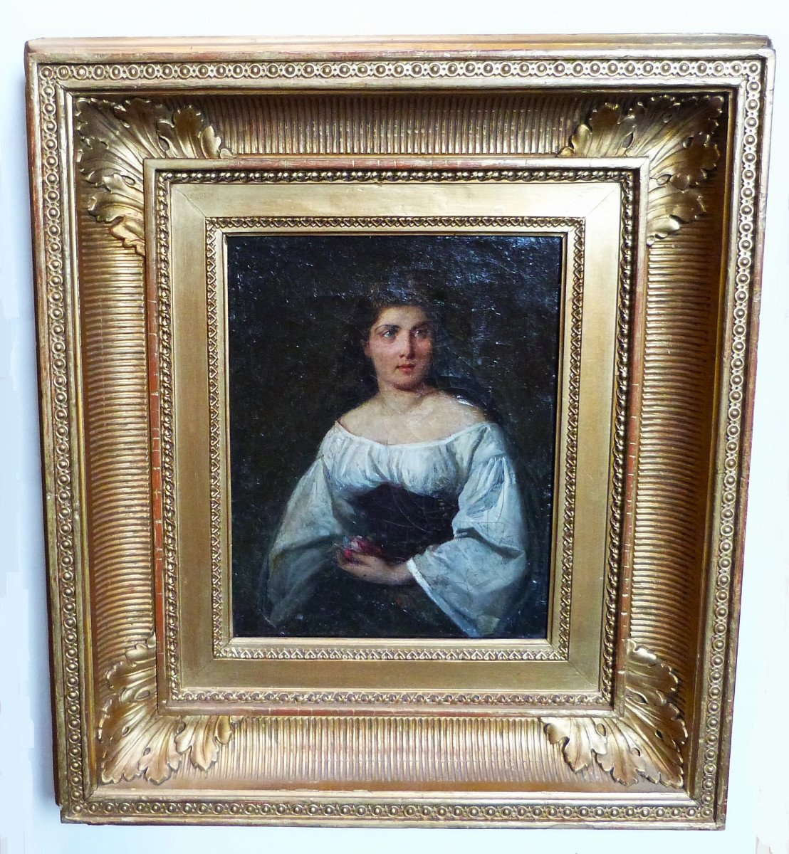 Oil On Canvas Portrait Of Woman With Bouquet Italian School 19th Century 