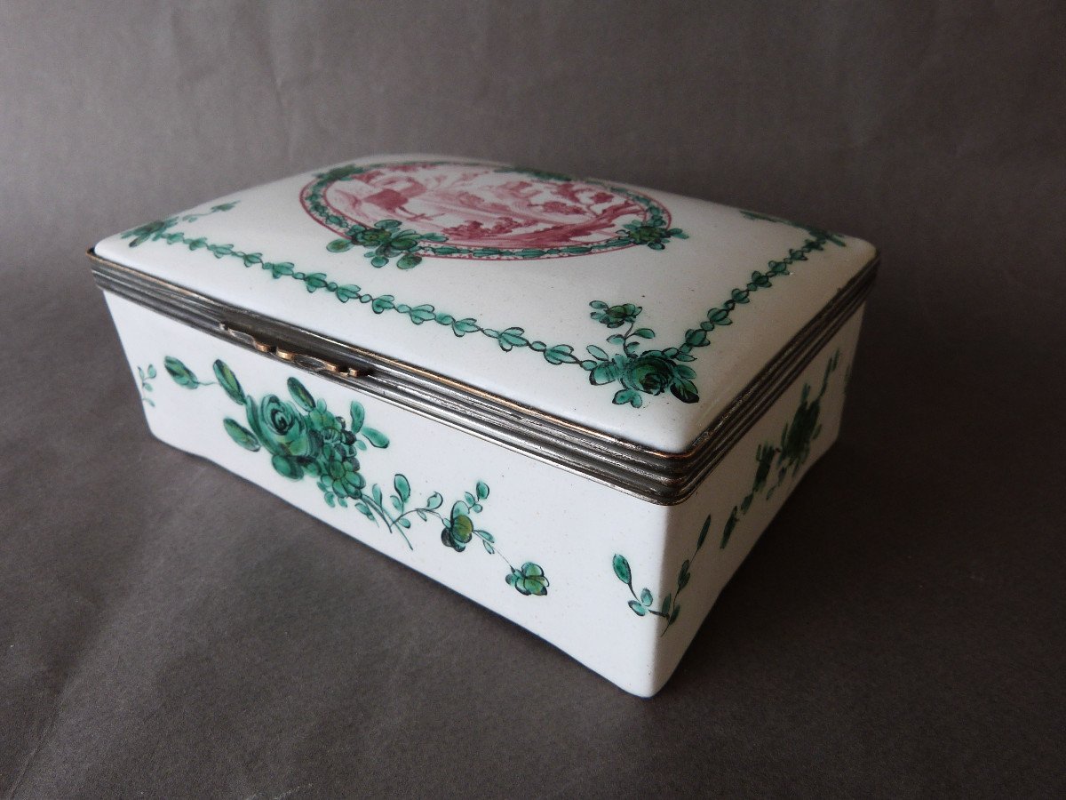 Boite En Faïence De Sceaux Décor Polychrome Vert Et Rose Monture Bronze XVIIIeme-photo-3