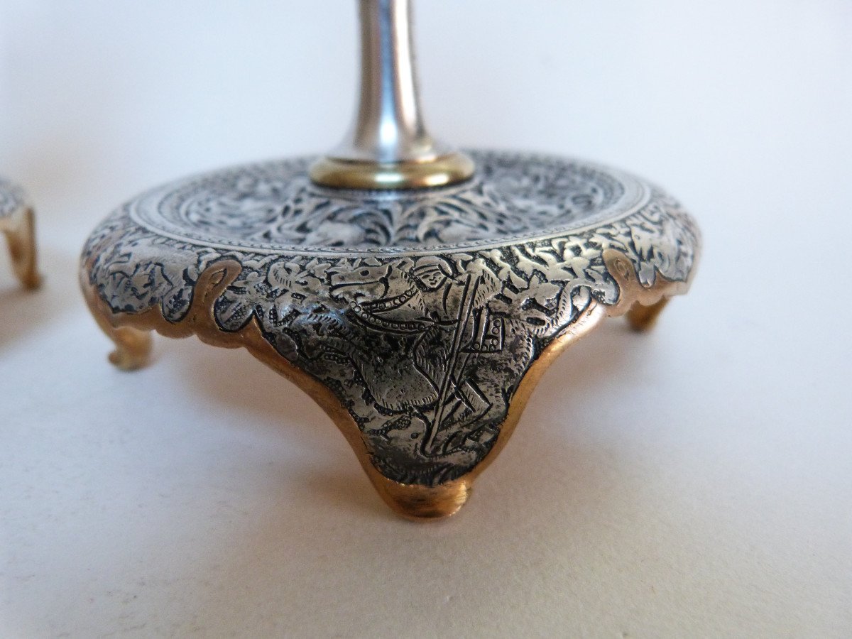 Paire De Bougeoirs  Bronze Doré Damasquiné Argent Style Orientaliste Armand Point Iran Kadjar -photo-2