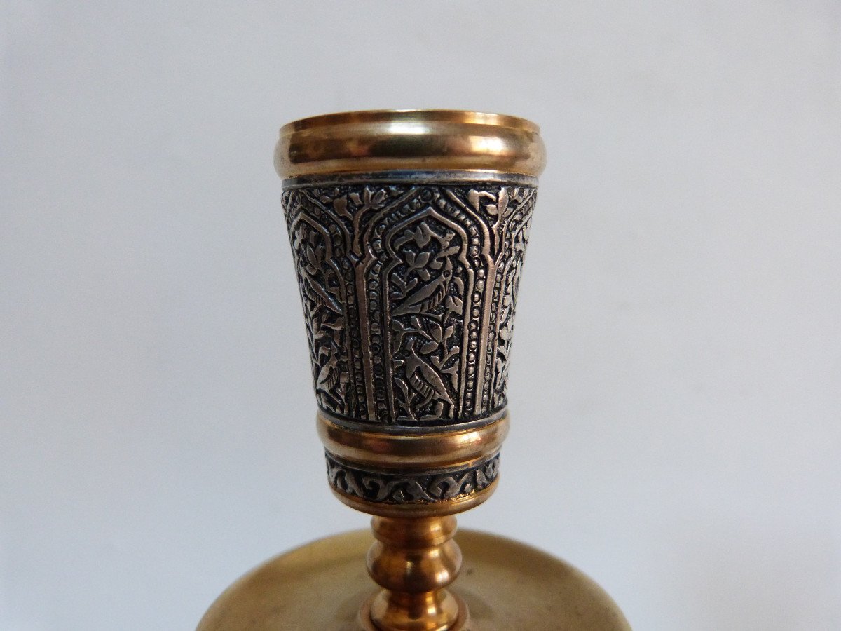 Paire De Bougeoirs  Bronze Doré Damasquiné Argent Style Orientaliste Armand Point Iran Kadjar -photo-4