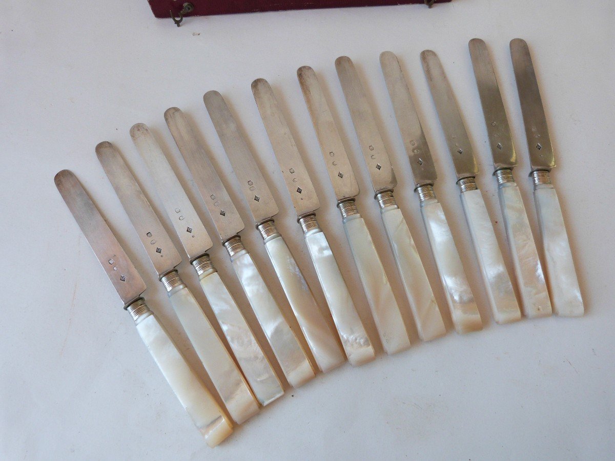 12 Fruit Knives Old Man Silver Blades Mother-of-pearl Handles Tarn Restoration Period -photo-2