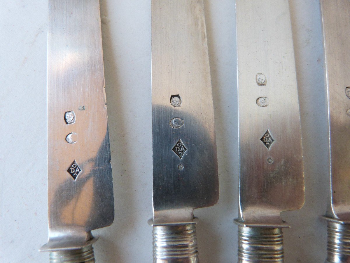 12 Fruit Knives Old Man Silver Blades Mother-of-pearl Handles Tarn Restoration Period -photo-2