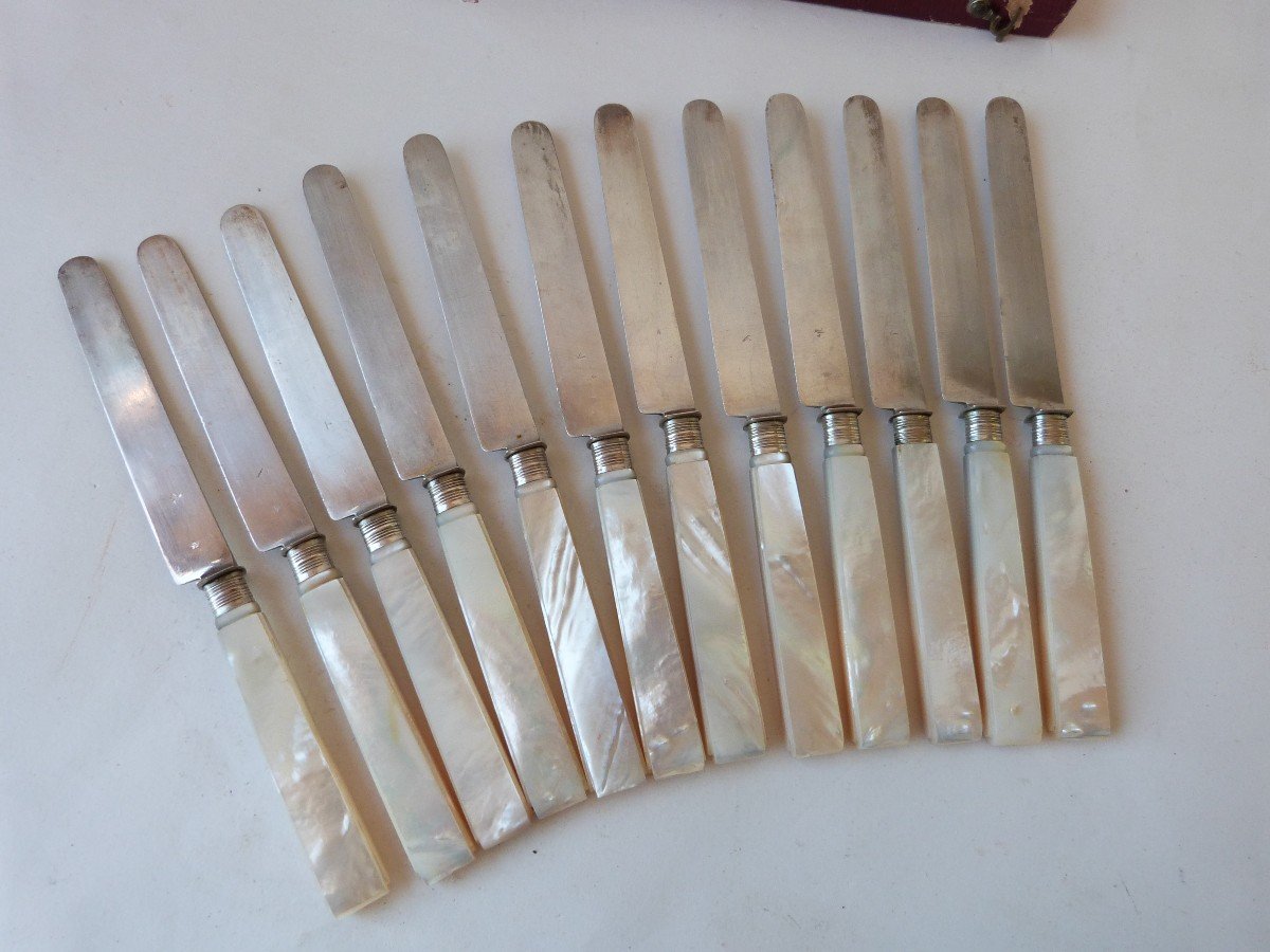 12 Fruit Knives Old Man Silver Blades Mother-of-pearl Handles Tarn Restoration Period -photo-5
