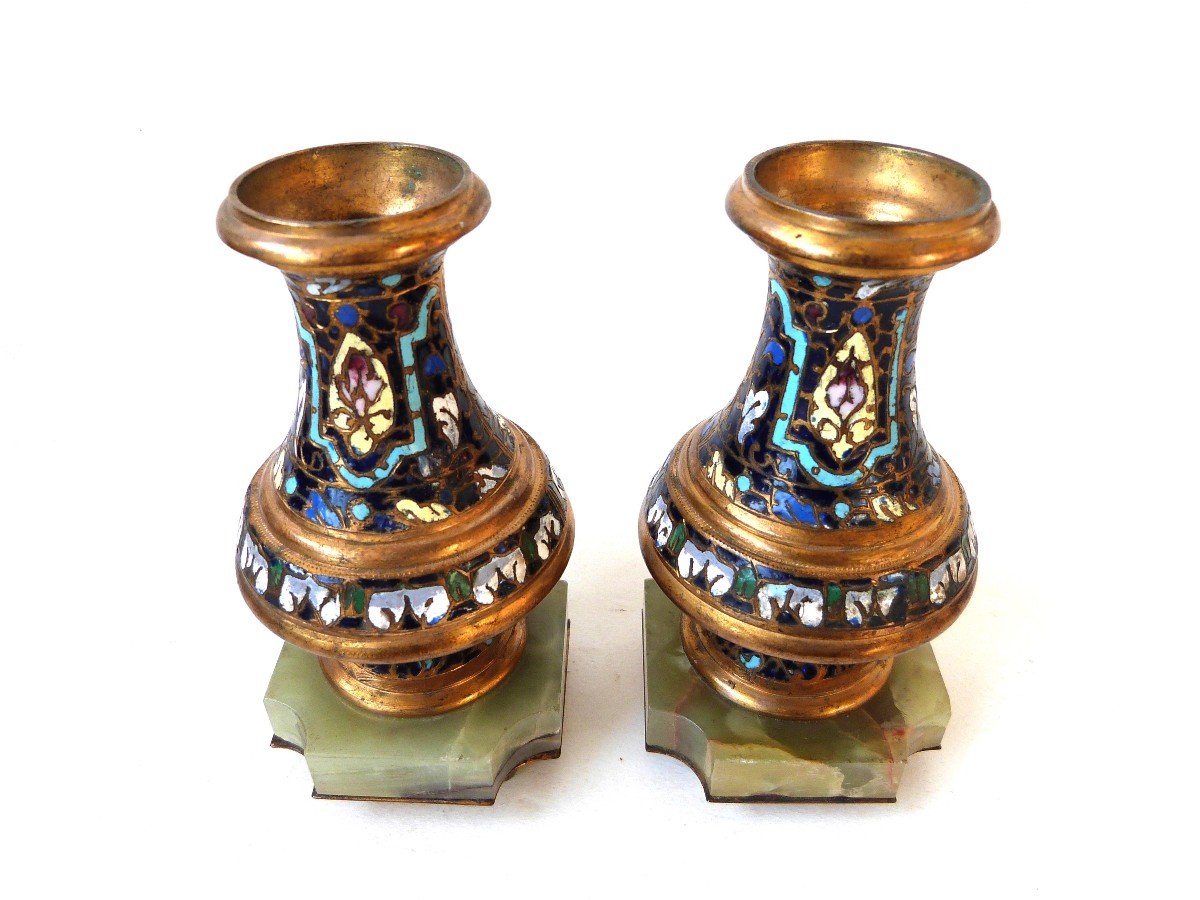 Paire De Vases En Bronze Doré Et émail Cloisonné Socle Onyx Style Barbedienne -photo-3