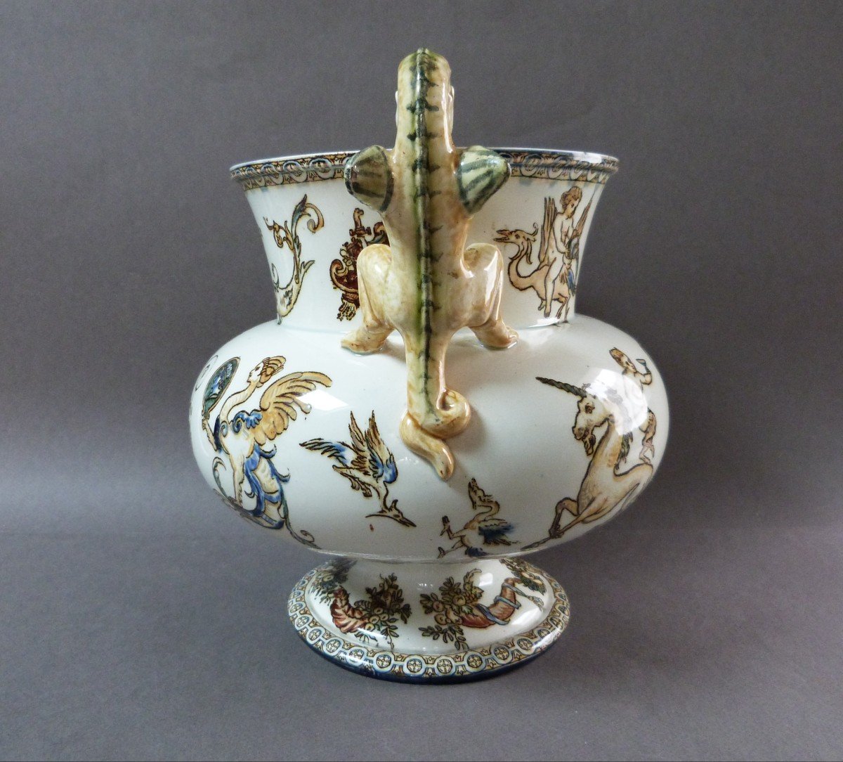 Gien Cache Pot Planter Barbotine 19th Century Model With Chimeras Italian Renaissance-photo-4