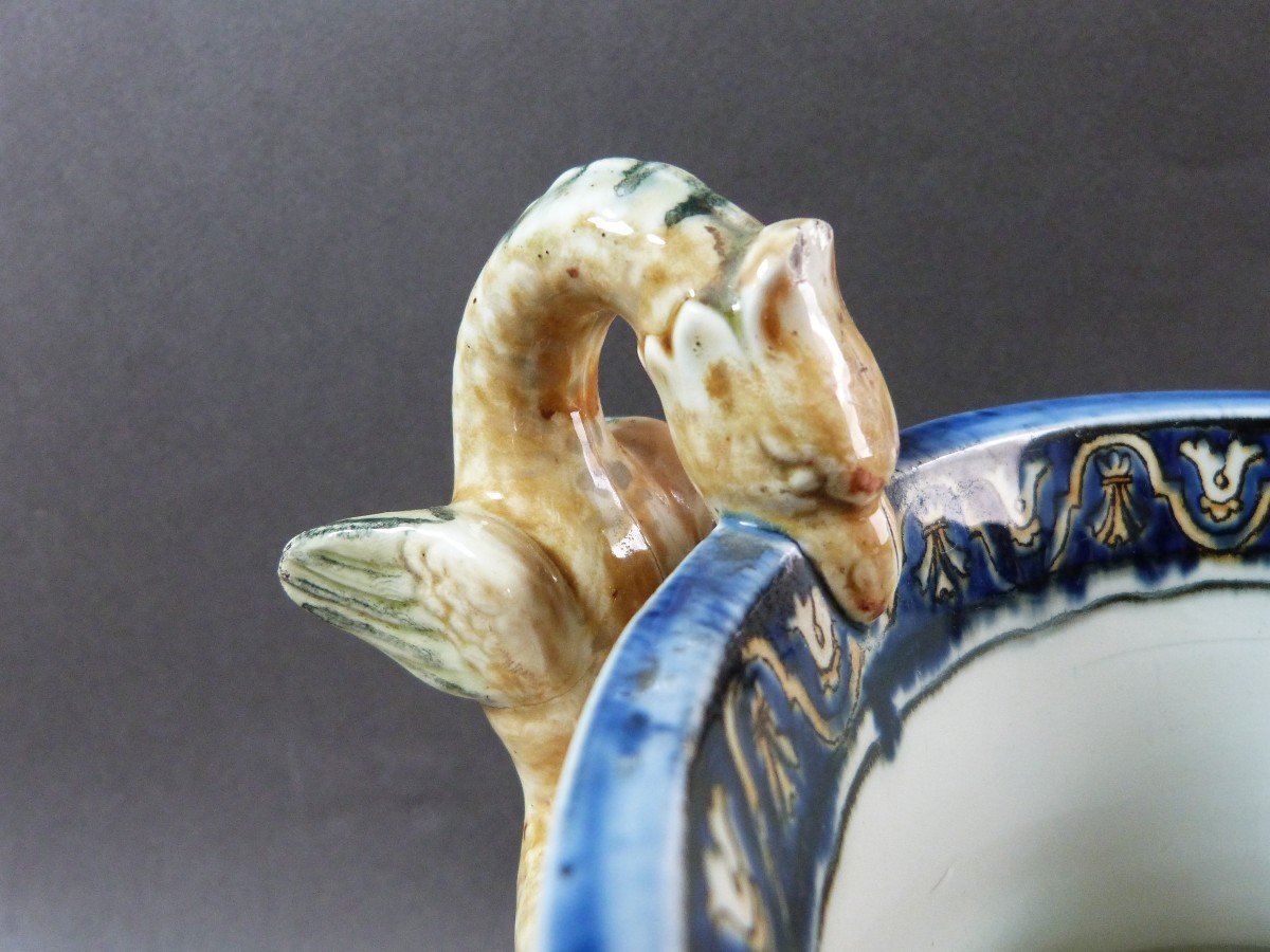 Gien Cache Pot Planter Barbotine 19th Century Model With Chimeras Italian Renaissance-photo-3