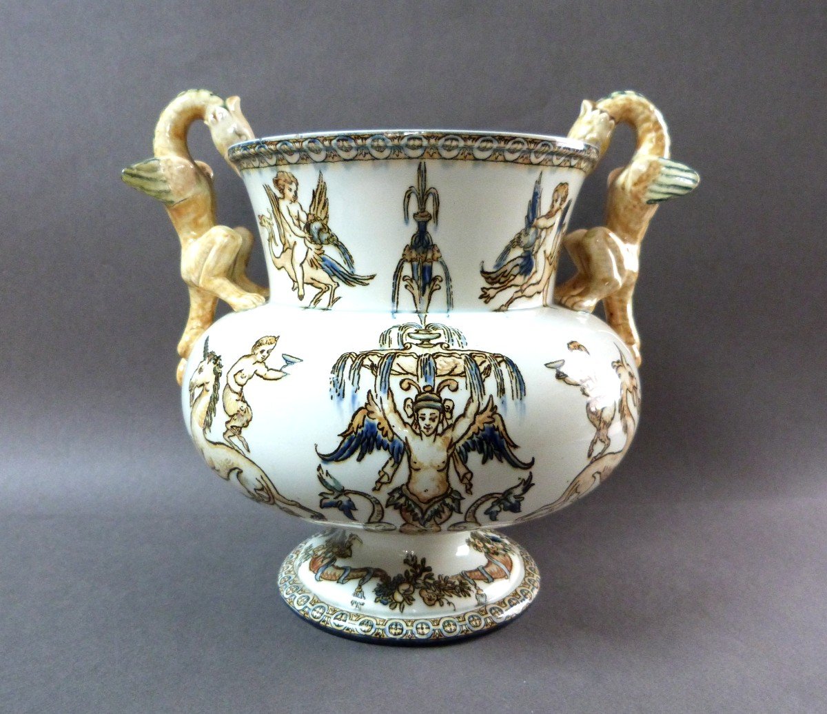 Gien Cache Pot Planter Barbotine 19th Century Model With Chimeras Italian Renaissance