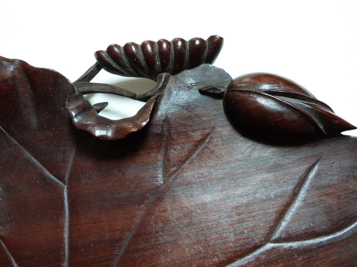 Carved Wood Tray Japan 19th Century Lotus Leaf And Frog -photo-4
