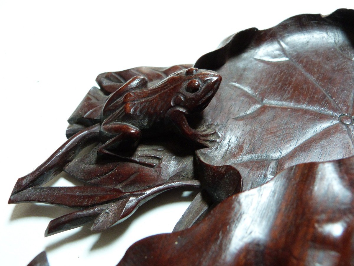 Carved Wood Tray Japan 19th Century Lotus Leaf And Frog -photo-3