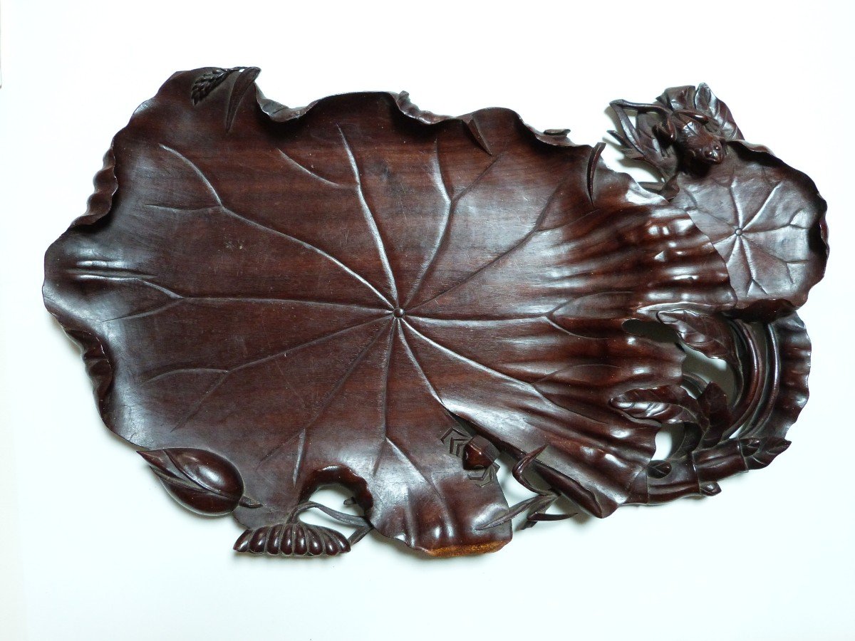 Carved Wood Tray Japan 19th Century Lotus Leaf And Frog -photo-4