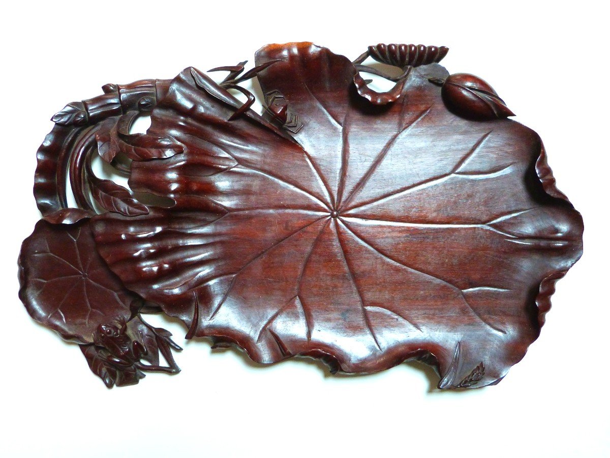 Plateau Bois Sculpté Indochine Chine du Sud XIXeme Feuille De Lotus Et Grenouille 