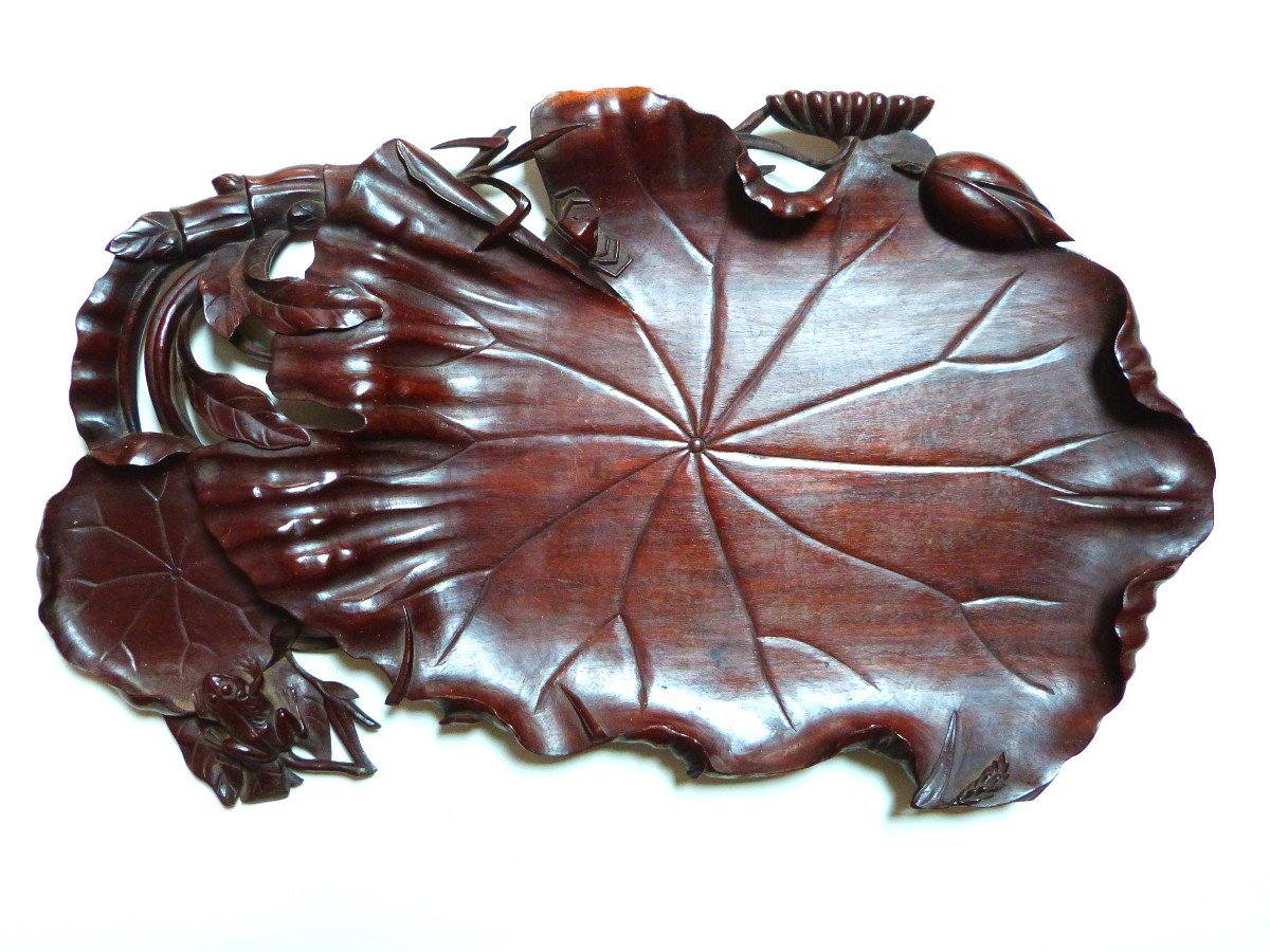 Carved Wood Tray Japan 19th Century Lotus Leaf And Frog 