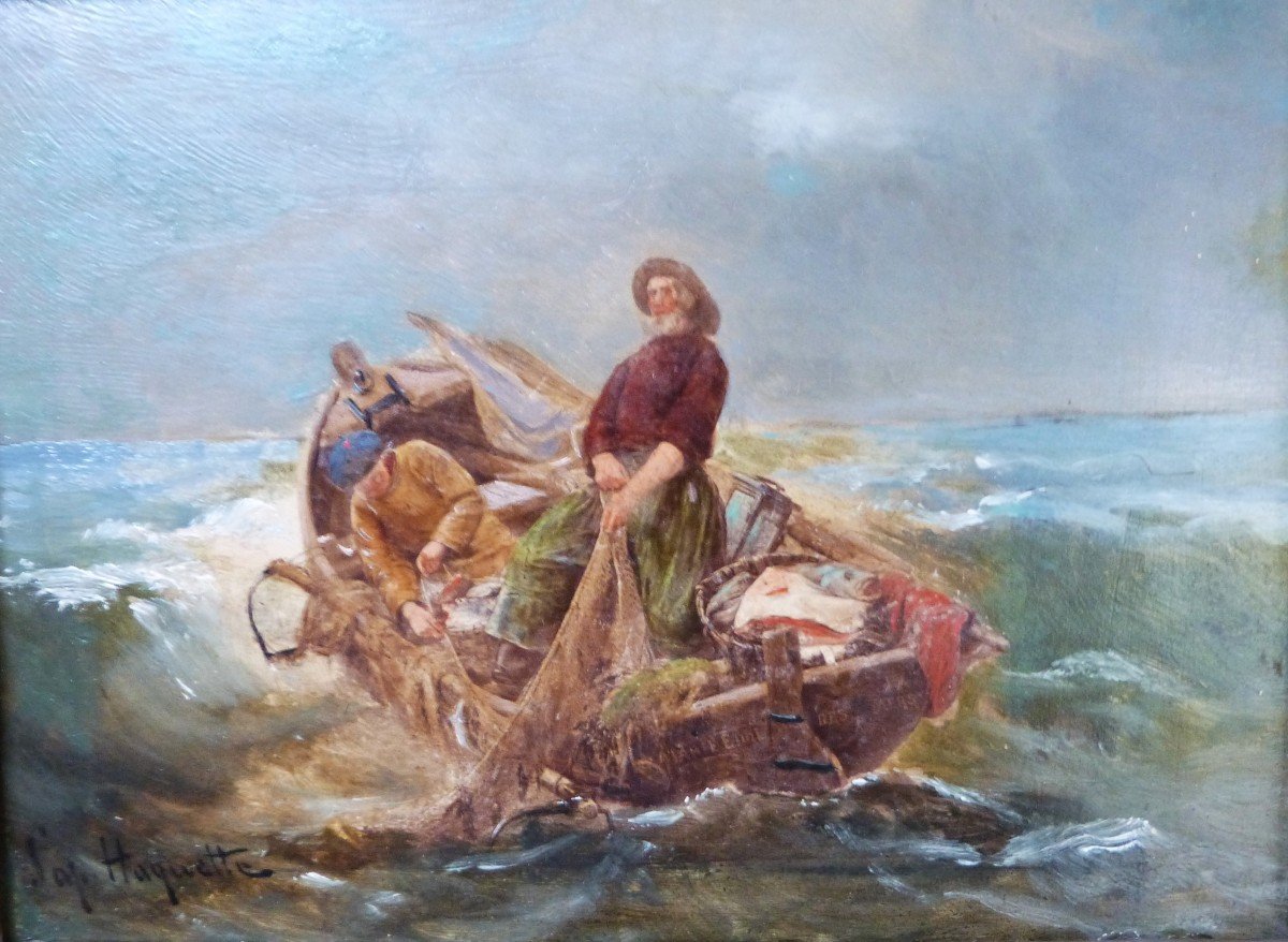 Georges Haquette d'Après Huile Sur Panneau Pêcheurs En Mer XIXeme-photo-2