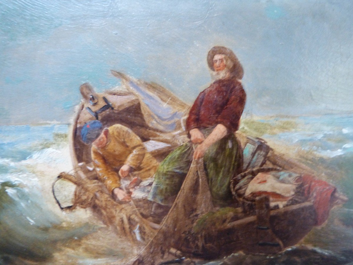 Georges Haquette d'Après Huile Sur Panneau Pêcheurs En Mer XIXeme-photo-3