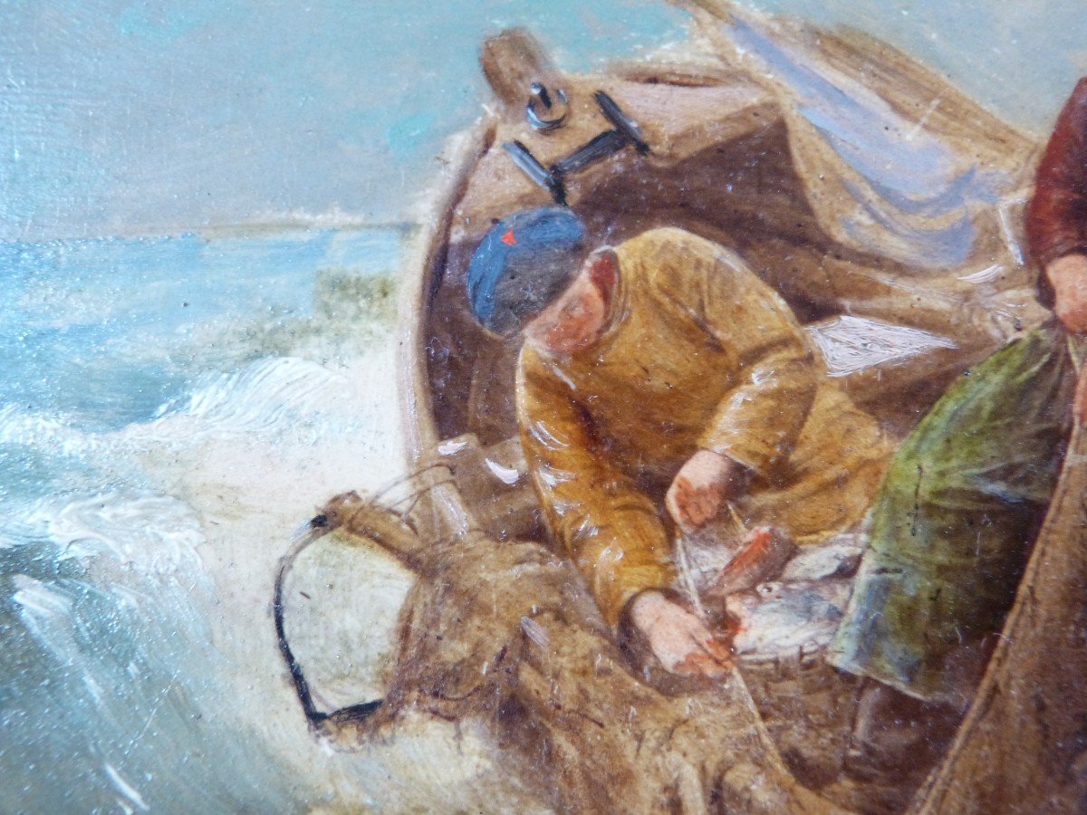 Georges Haquette d'Après Huile Sur Panneau Pêcheurs En Mer XIXeme-photo-2