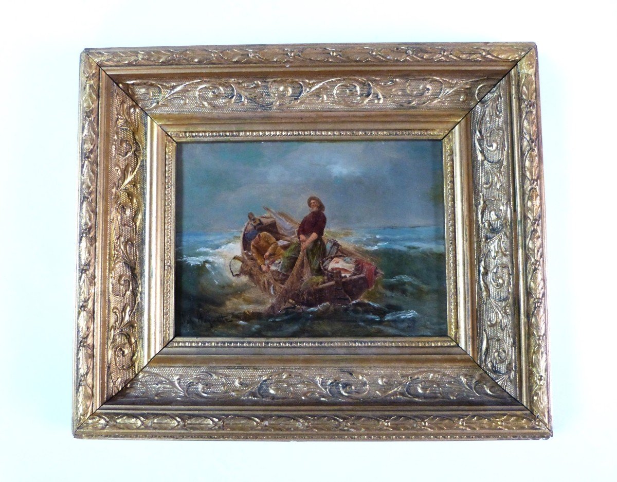 Georges Haquette d'Après Huile Sur Panneau Pêcheurs En Mer XIXeme