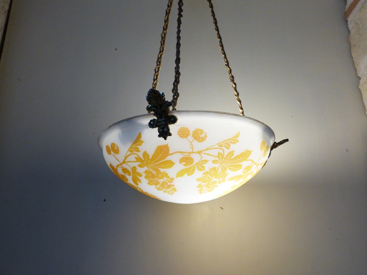 Suspension Lustre à Vasque Début XXe En Verre Dégagé à l'Acide Décor Fleurs Art Nouveau -photo-8