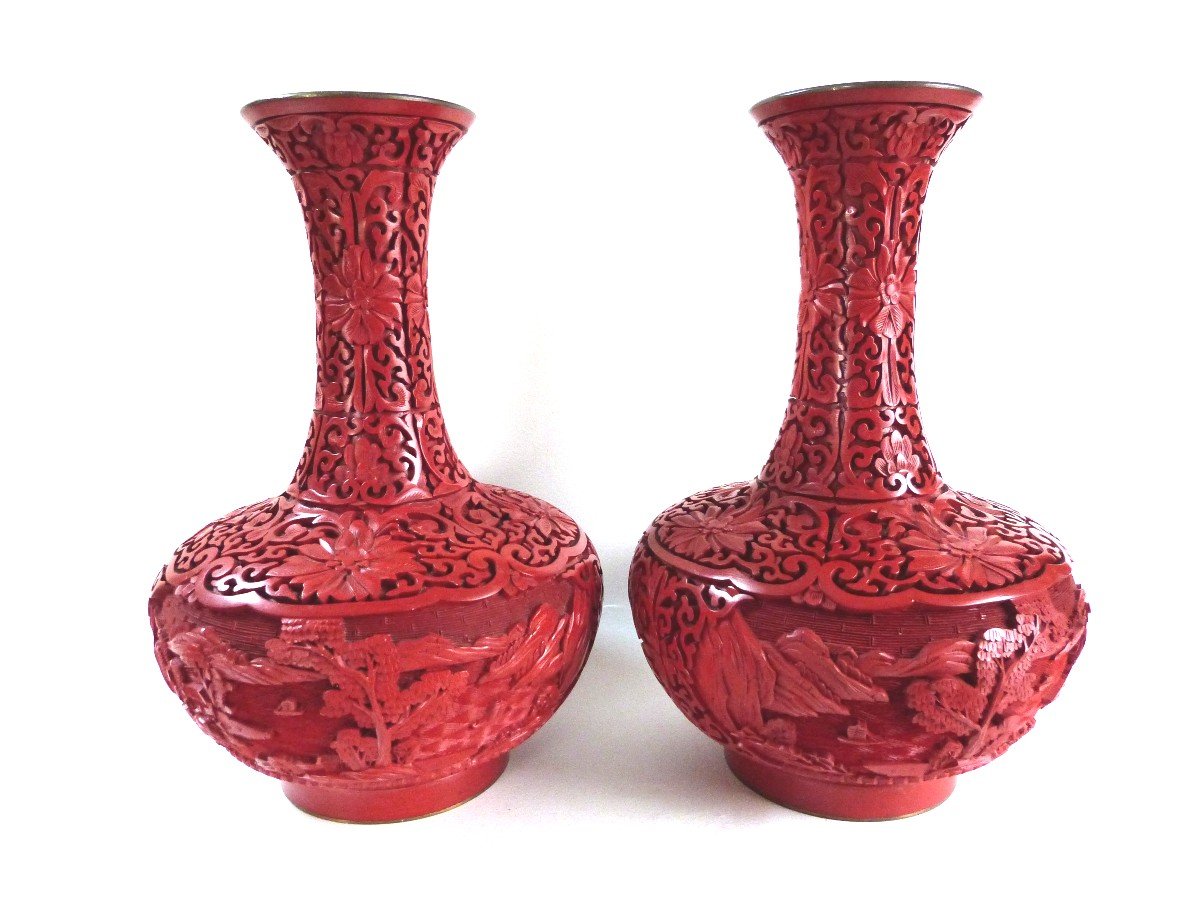 Pair Of Pekin Cinnabar Red Lacquer Vases China Mid 20th Century-photo-1