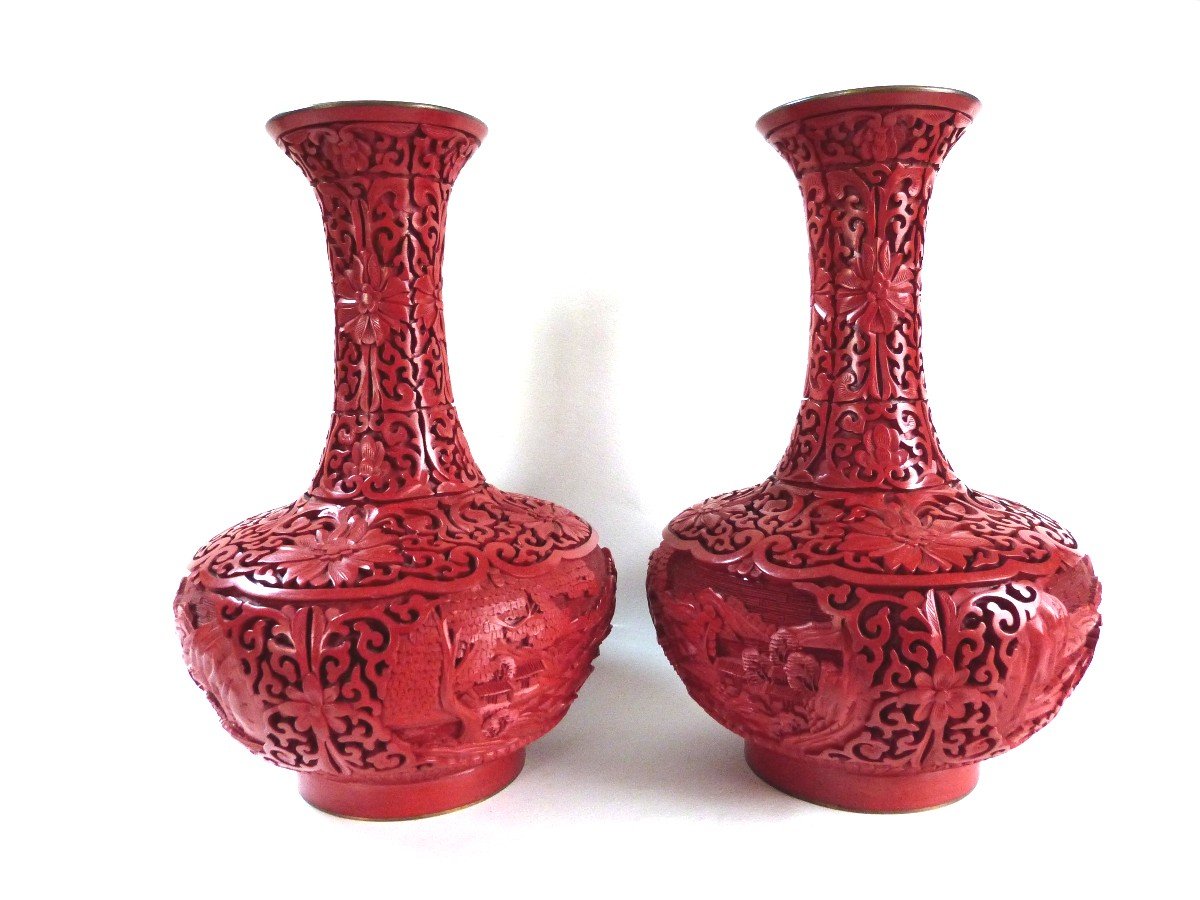 Pair Of Pekin Cinnabar Red Lacquer Vases China Mid 20th Century-photo-2