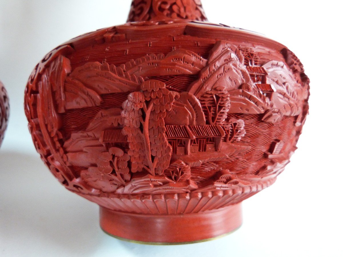 Pair Of Pekin Cinnabar Red Lacquer Vases China Mid 20th Century-photo-5