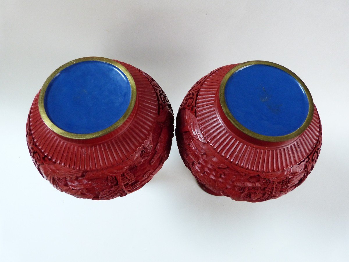 Pair Of Pekin Cinnabar Red Lacquer Vases China Mid 20th Century-photo-7